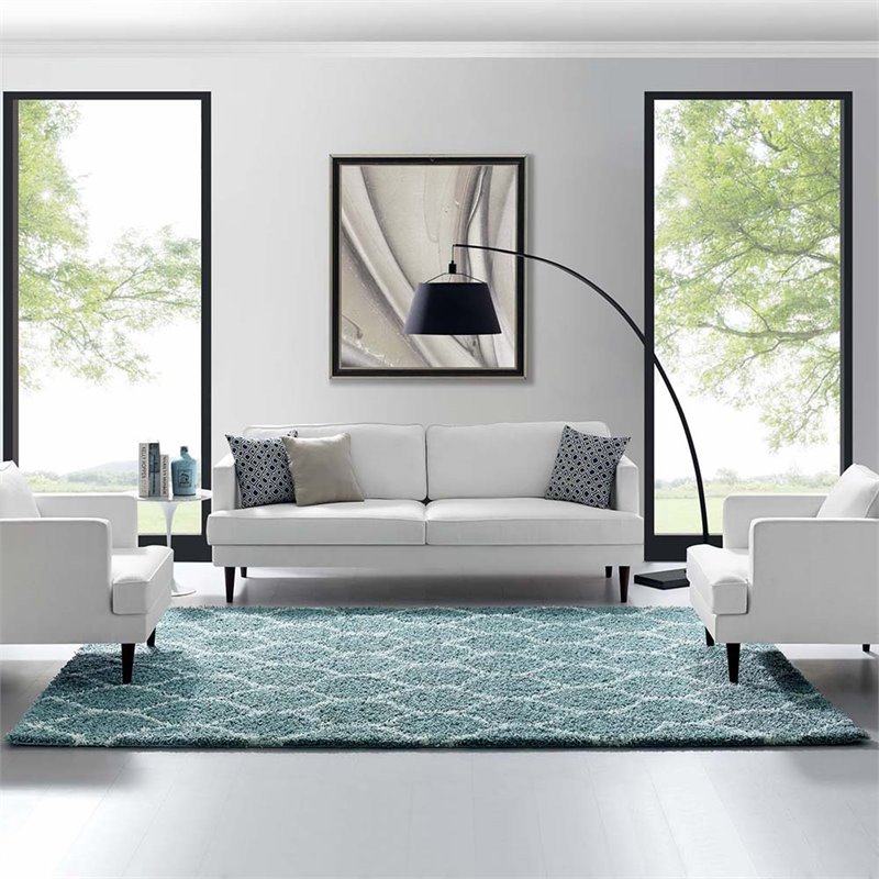 Modway Solvea 8' x 10' Moroccan Trellis Shag Area Rug in Aqua Blue