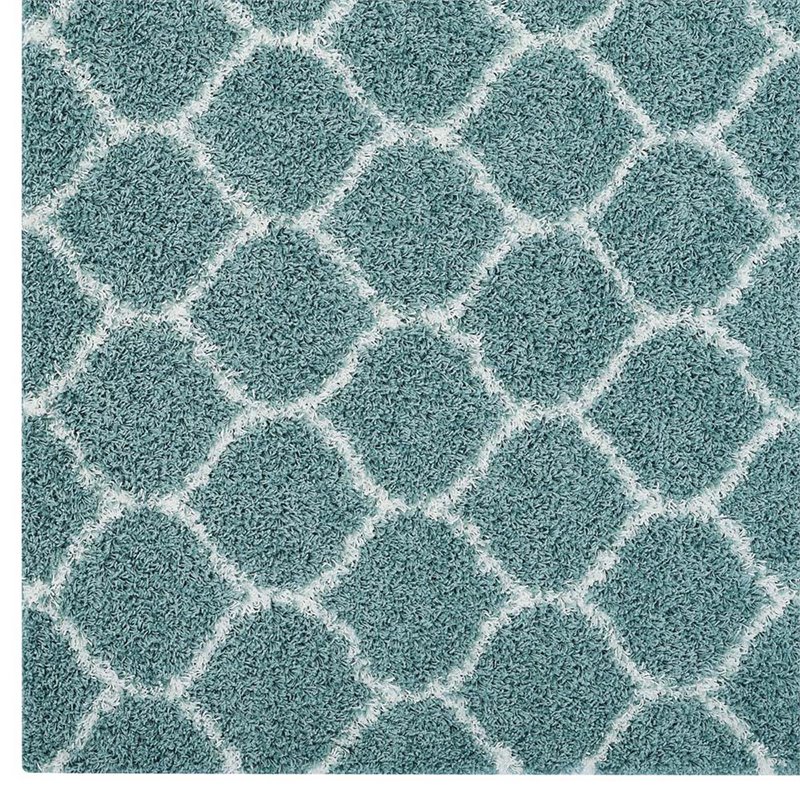 Modway Solvea 8' x 10' Moroccan Trellis Shag Area Rug in Aqua Blue