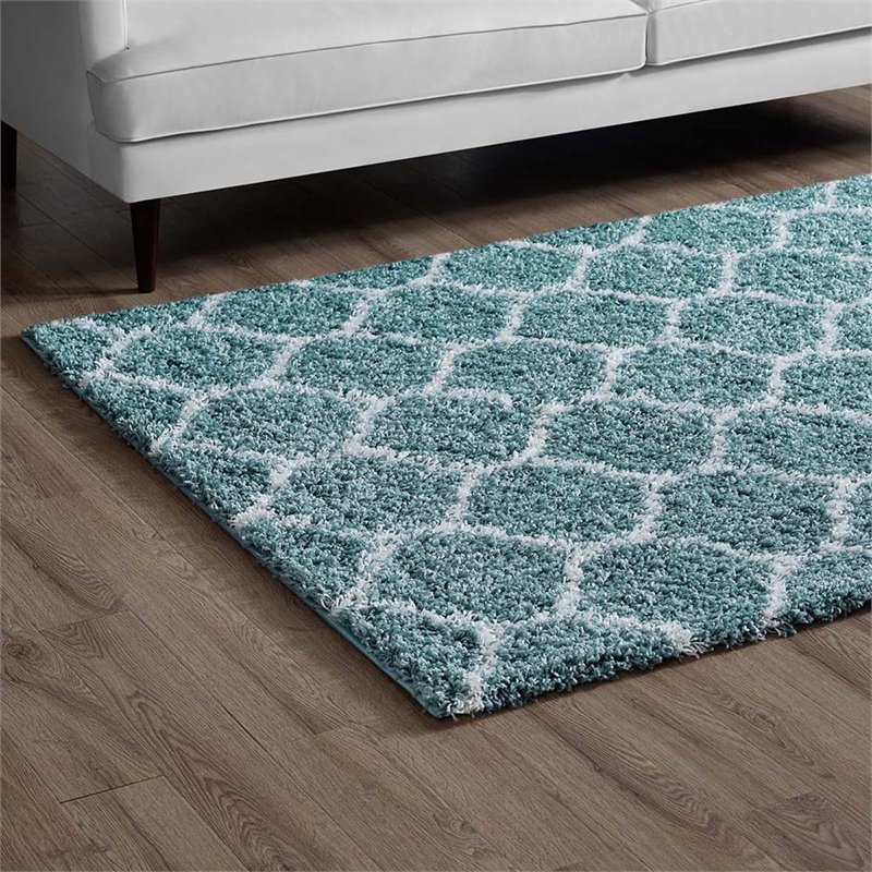 Modway Solvea 8' x 10' Moroccan Trellis Shag Area Rug in Aqua Blue