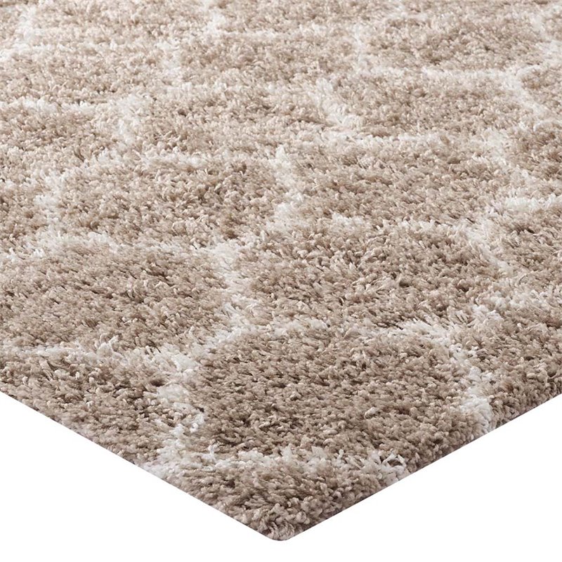 Modway Solvea 5' x 8' Moroccan Trellis Shag Area Rug in Beige