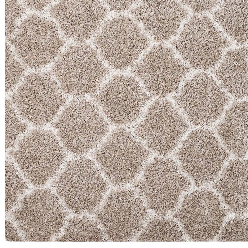 Modway Solvea 8' x 10' Moroccan Trellis Shag Area Rug in Beige