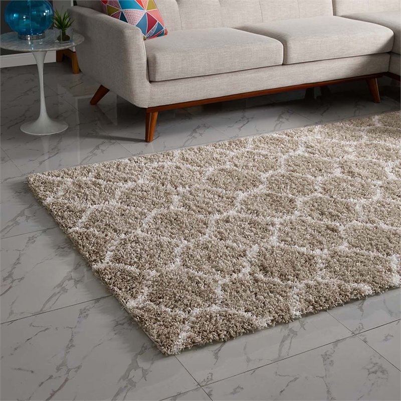 Modway Solvea 8' x 10' Moroccan Trellis Shag Area Rug in Beige