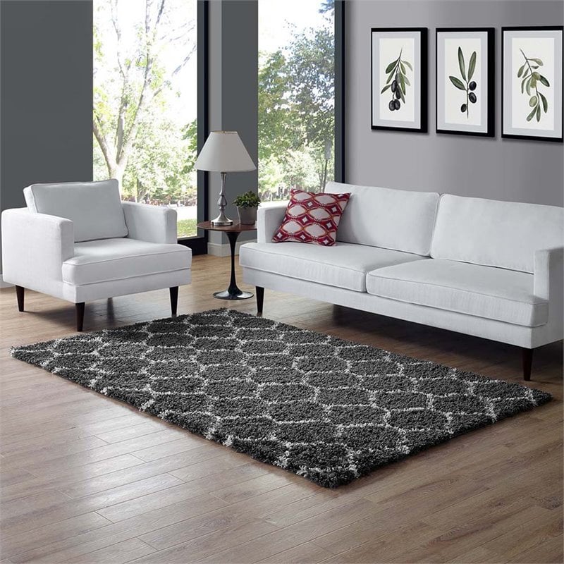 Modway Solvea 5' x 8' Moroccan Trellis Shag Area Rug in Gray and Ivory