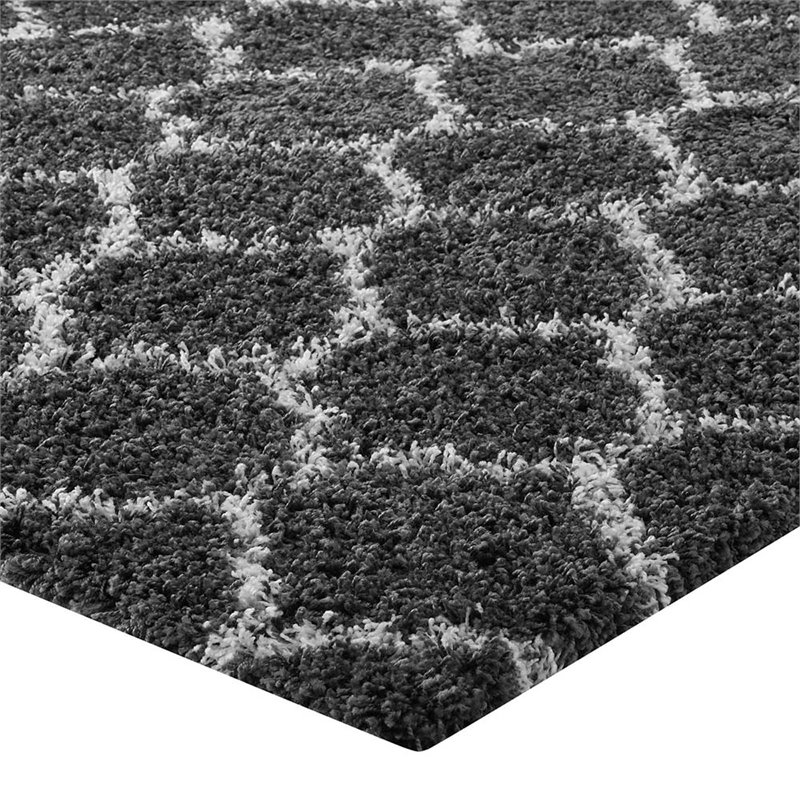 Modway Solvea 5' x 8' Moroccan Trellis Shag Area Rug in Gray and Ivory
