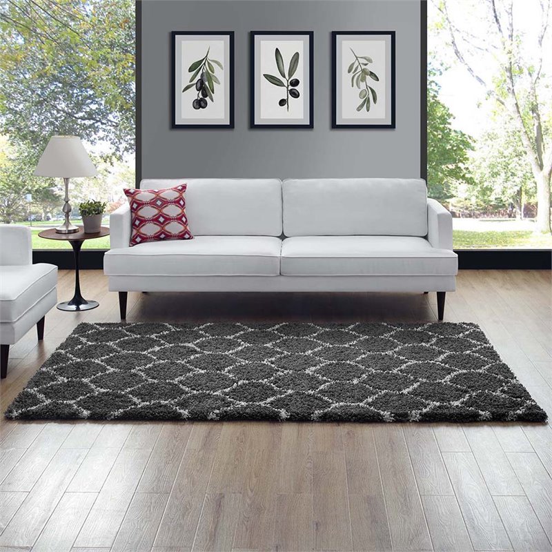 Modway Solvea 5' x 8' Moroccan Trellis Shag Area Rug in Gray and Ivory