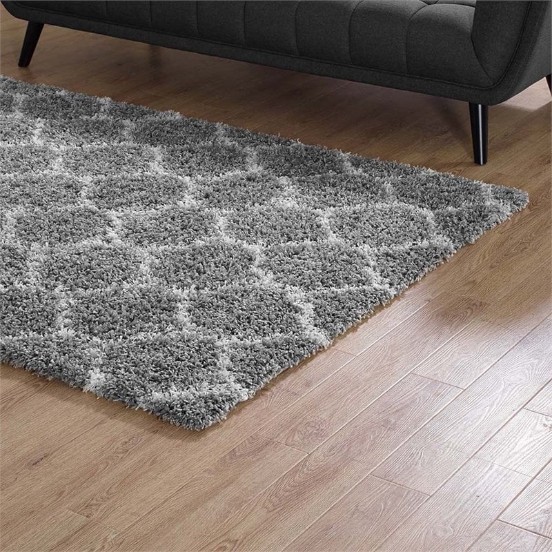 Modway Solvea 5' x 8' Moroccan Trellis Shag Area Rug in Gray and Ivory