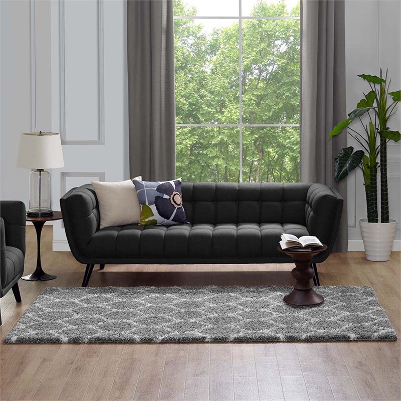 Modway Solvea 5' x 8' Moroccan Trellis Shag Area Rug in Gray and Ivory