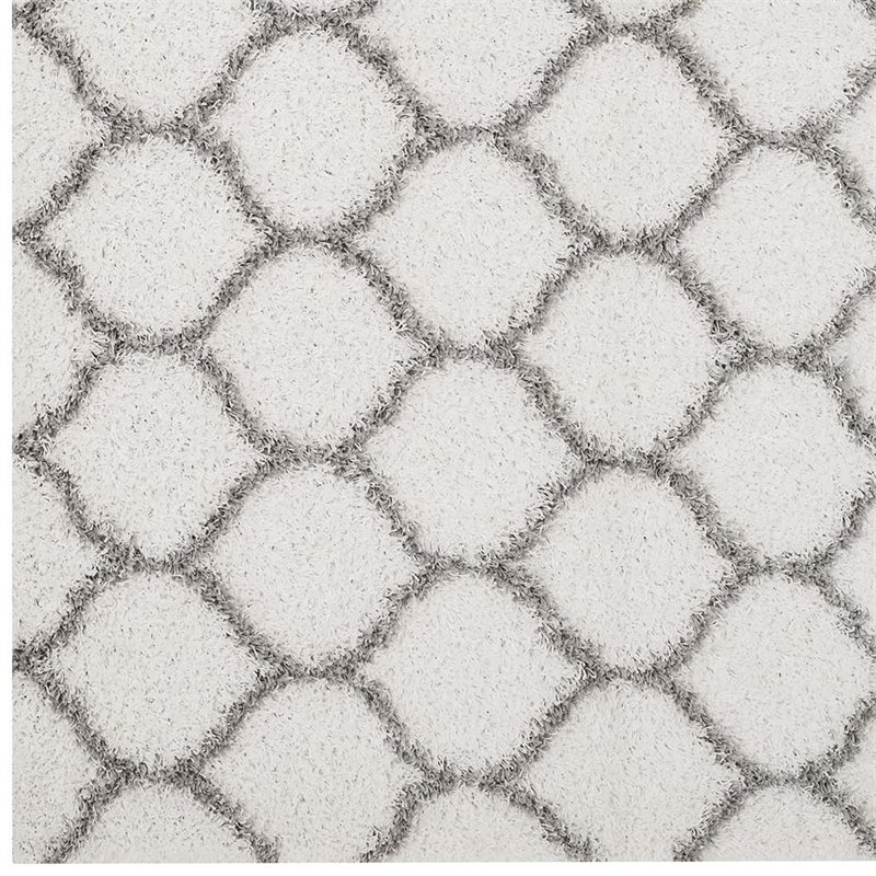 Modway Solvea 5' x 8' Moroccan Trellis Shag Area Rug in Ivory and Gray