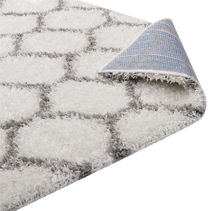 Modway Solvea 5' x 8' Moroccan Trellis Shag Area Rug in Ivory and Gray