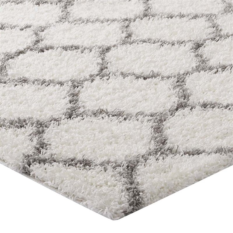 Modway Solvea 5' x 8' Moroccan Trellis Shag Area Rug in Ivory and Gray
