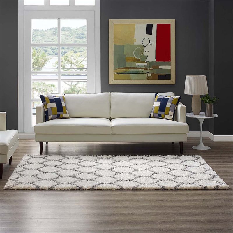 Modway Solvea 5' x 8' Moroccan Trellis Shag Area Rug in Ivory and Gray