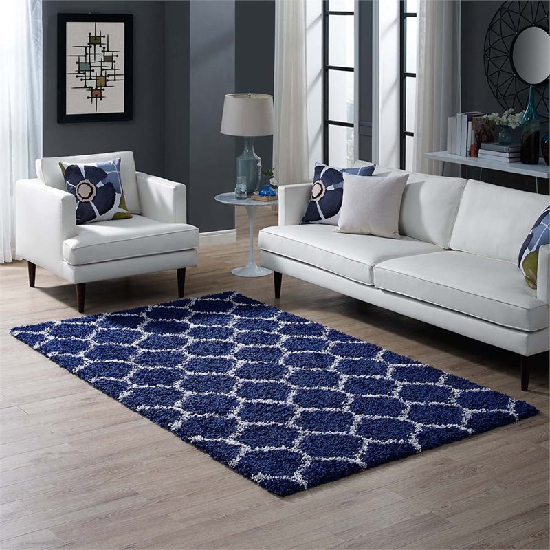 Modway Solvea 5' x 8' Moroccan Trellis Shag Area Rug in Navy and Ivory
