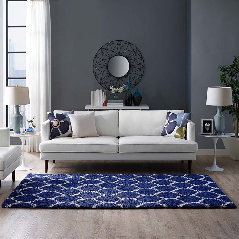 Modway Solvea 5' x 8' Moroccan Trellis Shag Area Rug in Navy and Ivory
