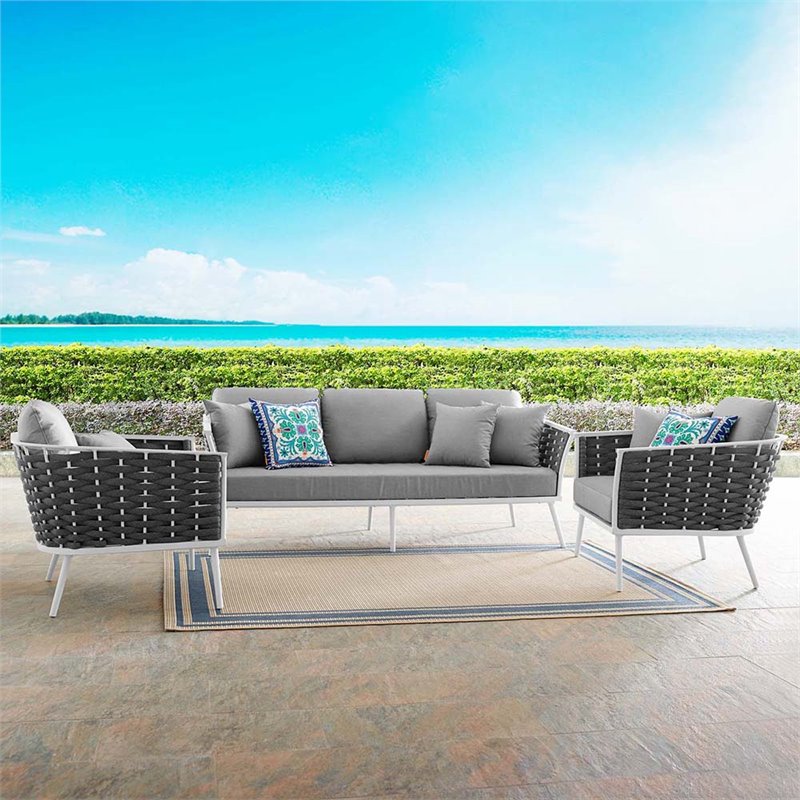 Modway Stance 3-Piece Aluminum & Fabric Patio Sofa Set in White and Gray