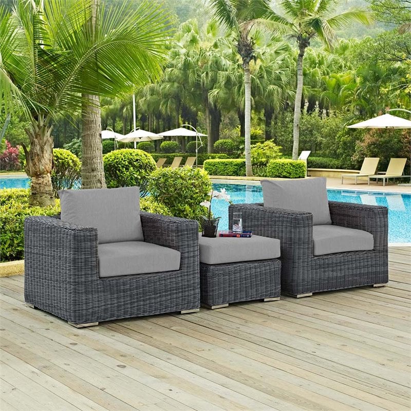 Modway Summon 3-Piece Aluminum and Rattan Patio Sectional Set in Canvas/Gray