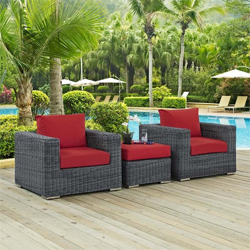 Modway Summon 3-Piece Aluminum and Rattan Patio Sectional Set in Canvas/Red