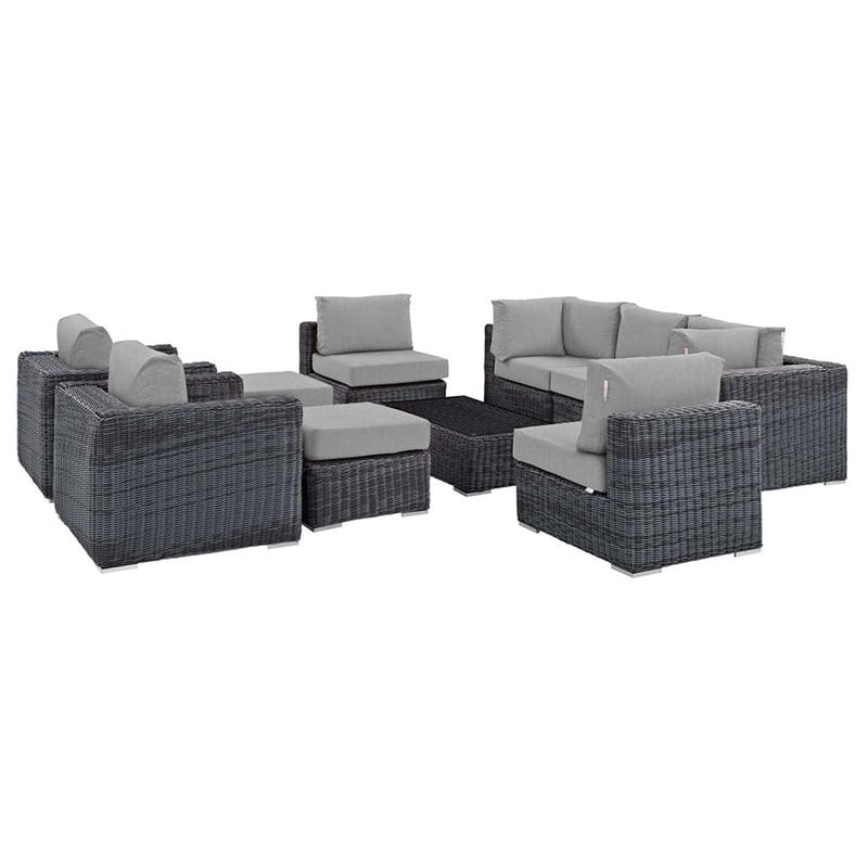 Modway Summon 10-Piece Aluminum and Rattan Patio Sectional Set in Canvas/Gray
