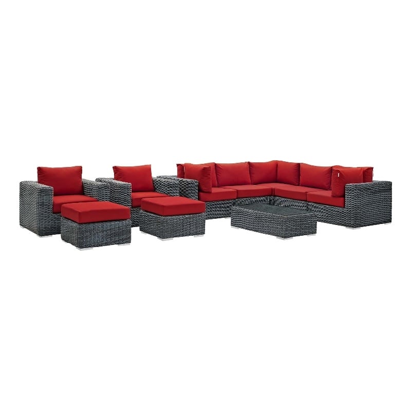 Modway Summon 10-Piece Aluminum and Rattan Patio Sectional Set in Canvas/Red