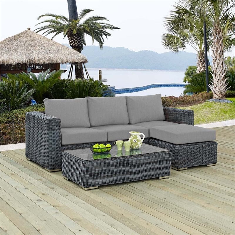 Modway Summon 3-Piece Aluminum Rattan Patio Sectional Set in Canvas/Gray