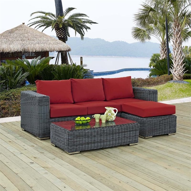 Modway Summon 3-Piece Aluminum Rattan Patio Sectional Set in Canvas/Red