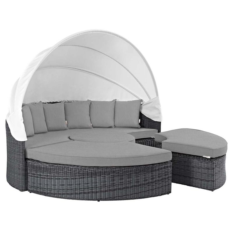 Modway Summon Canopy Rattan and Fabric Patio Daybed in Canvas/Gray