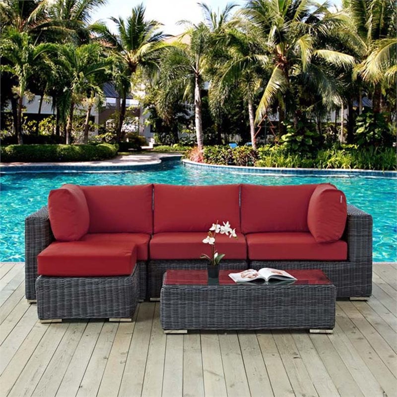 Modway Summon 5-Piece Aluminum and Rattan Patio Sectional Set in Canvas/Red