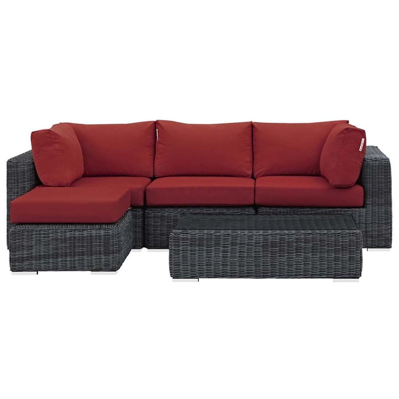 Modway Summon 5-Piece Aluminum and Rattan Patio Sectional Set in Canvas/Red