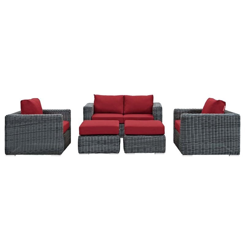 Modway Summon 5-Piece Aluminum and Rattan Patio Sectional Set - Canvas/Red
