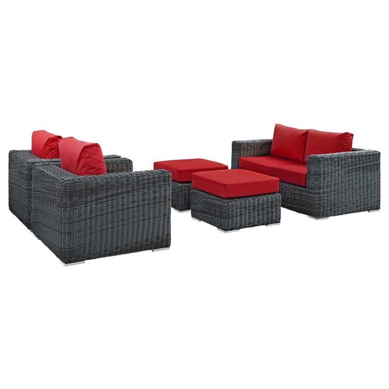 Modway Summon 5-Piece Aluminum and Rattan Patio Sectional Set - Canvas/Red