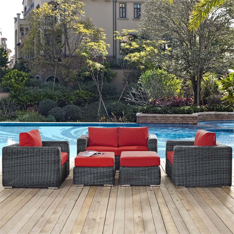 Modway Summon 5-Piece Aluminum and Rattan Patio Sectional Set - Canvas/Red