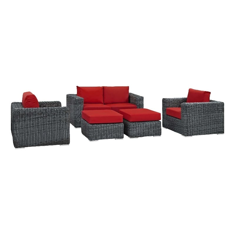 Modway Summon 5-Piece Aluminum and Rattan Patio Sectional Set - Canvas/Red