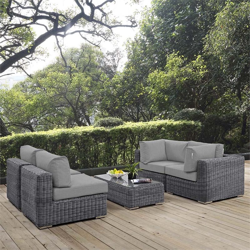 Modway Summon 5-Piece Aluminum and Rattan Patio Sectional Set - Canvas/Gray