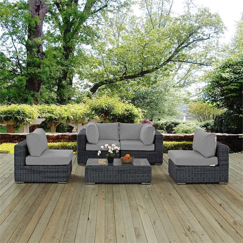Modway Summon 5-Piece Aluminum and Rattan Patio Sectional Set - Canvas/Gray