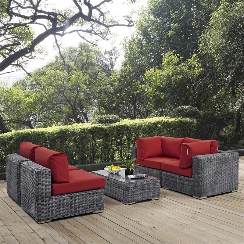 Modway Summon 5-Piece Aluminum Rattan Patio Sectional Set in Canvas/Red