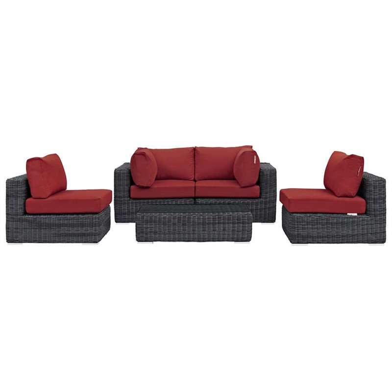 Modway Summon 5-Piece Aluminum Rattan Patio Sectional Set in Canvas/Red