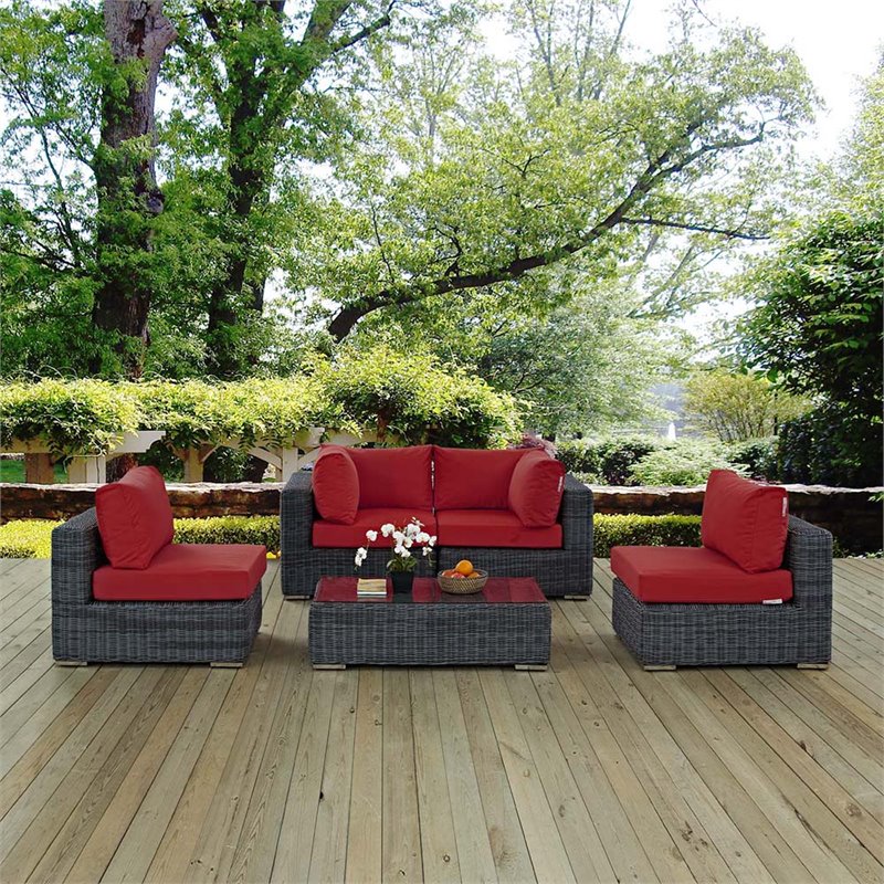 Modway Summon 5-Piece Aluminum Rattan Patio Sectional Set in Canvas/Red