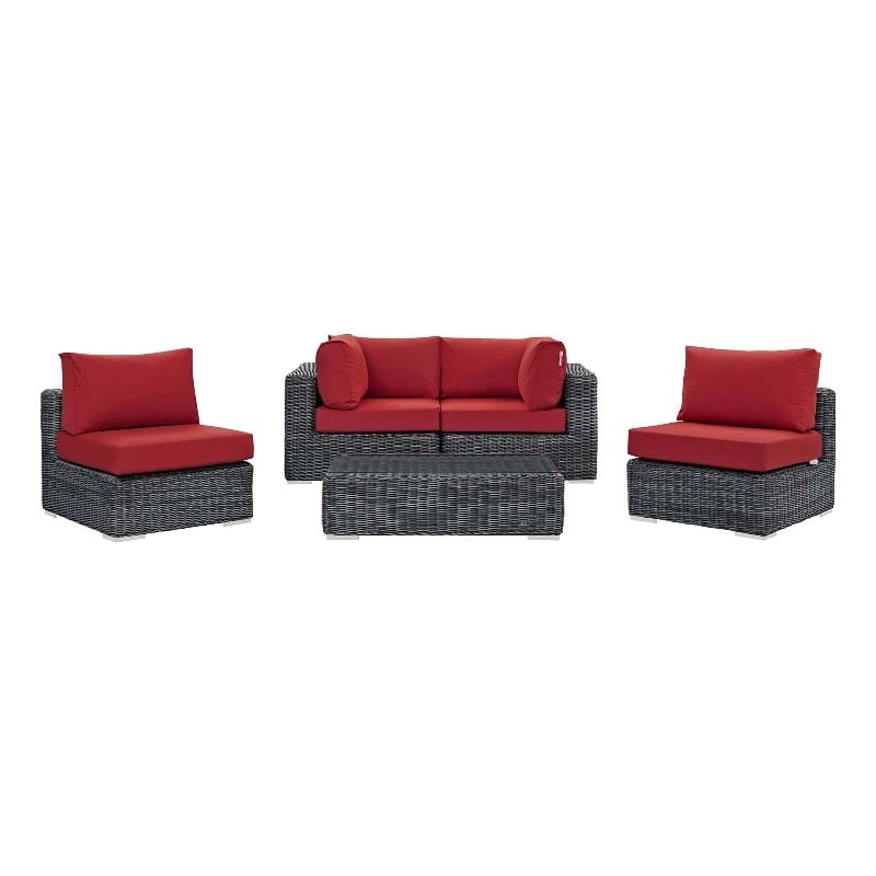 Modway Summon 5-Piece Aluminum Rattan Patio Sectional Set in Canvas/Red