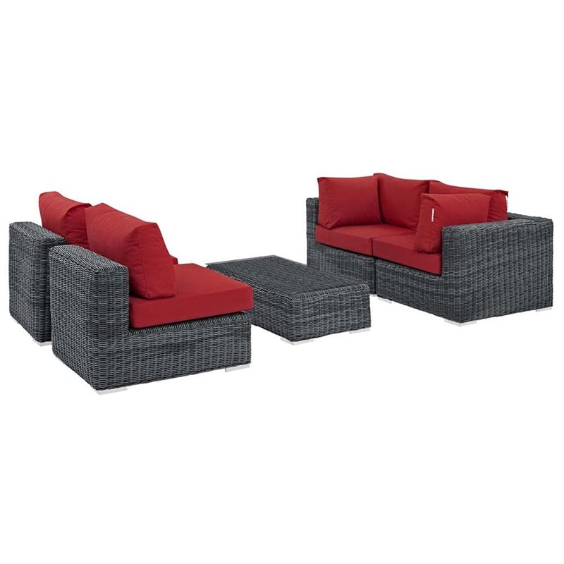 Modway Summon 5-Piece Aluminum Rattan Patio Sectional Set in Canvas/Red
