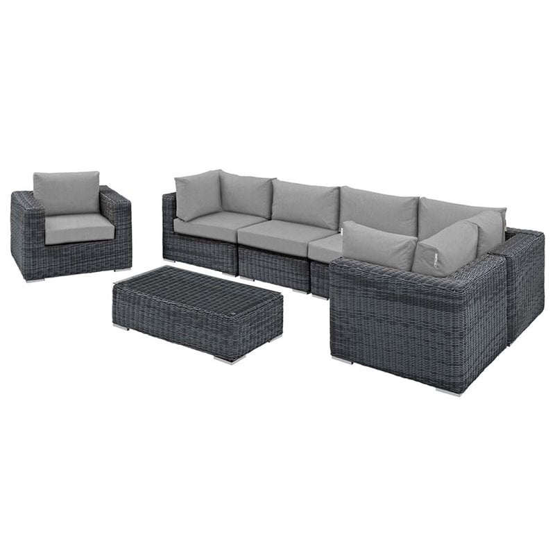Modway Summon 7-Piece Aluminum Rattan Patio Sectional Set in Canvas/Gray
