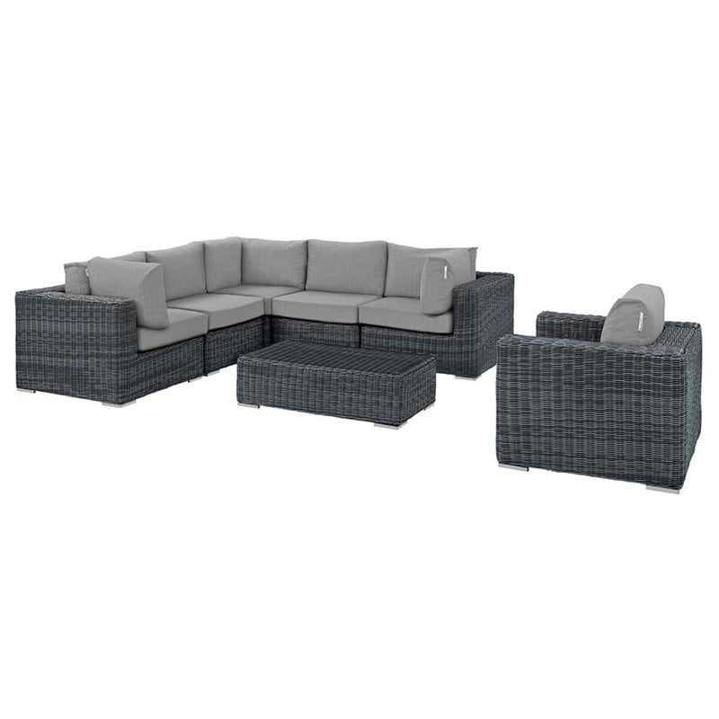 Modway Summon 7-Piece Aluminum Rattan Patio Sectional Set in Canvas/Gray
