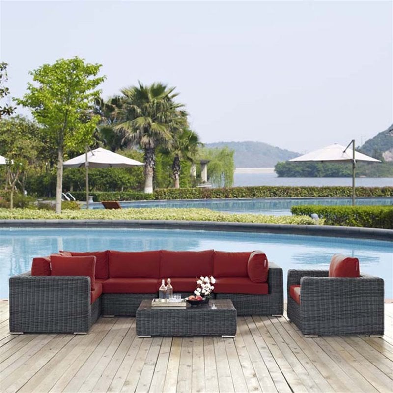 Modway Summon 7-Piece Aluminum Rattan Patio Sectional Set in Canvas/Red