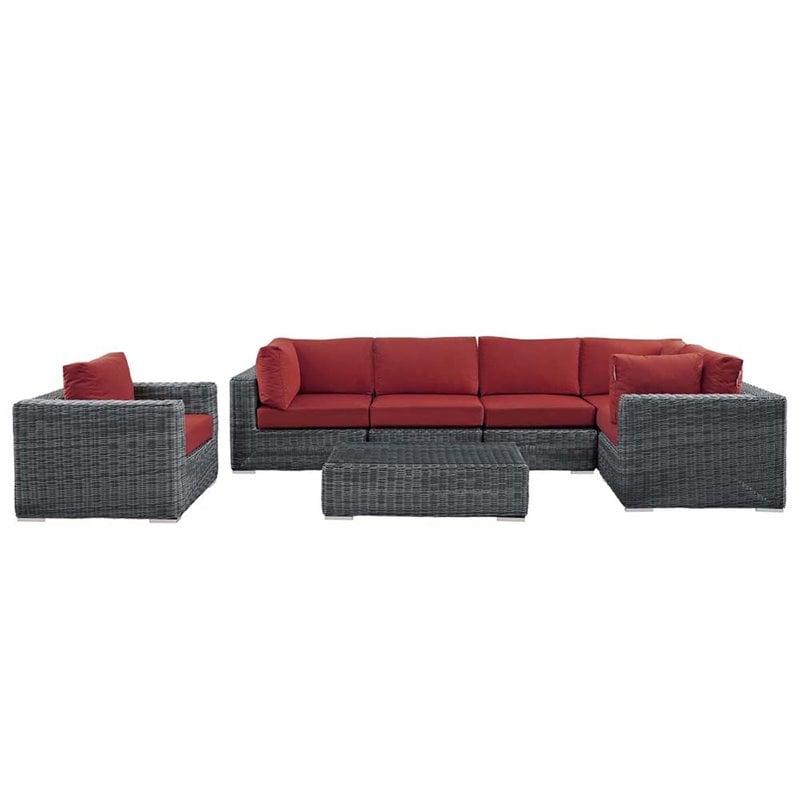 Modway Summon 7-Piece Aluminum Rattan Patio Sectional Set in Canvas/Red