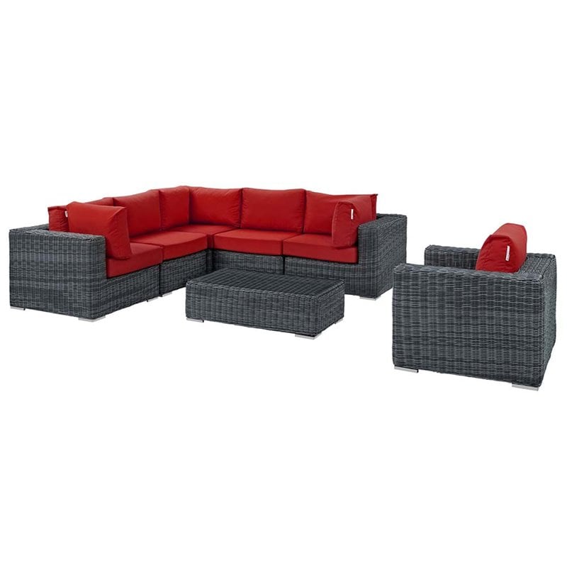 Modway Summon 7-Piece Aluminum Rattan Patio Sectional Set in Canvas/Red