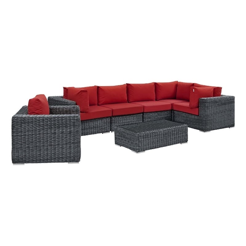 Modway Summon 7-Piece Aluminum Rattan Patio Sectional Set in Canvas/Red