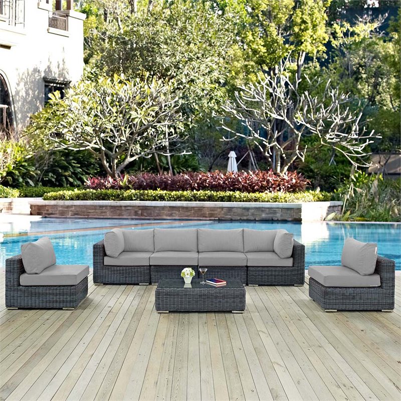Modway Summon 7-Piece Aluminum and Rattan Patio Sectional Set in Canvas/Gray