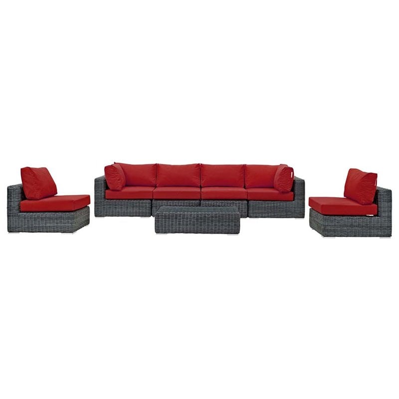 Modway Summon 7-Piece Aluminum and Rattan Patio Sectional Set in Canvas/Red