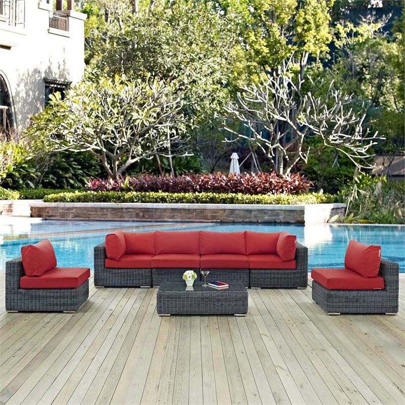 Modway Summon 7-Piece Aluminum and Rattan Patio Sectional Set in Canvas/Red