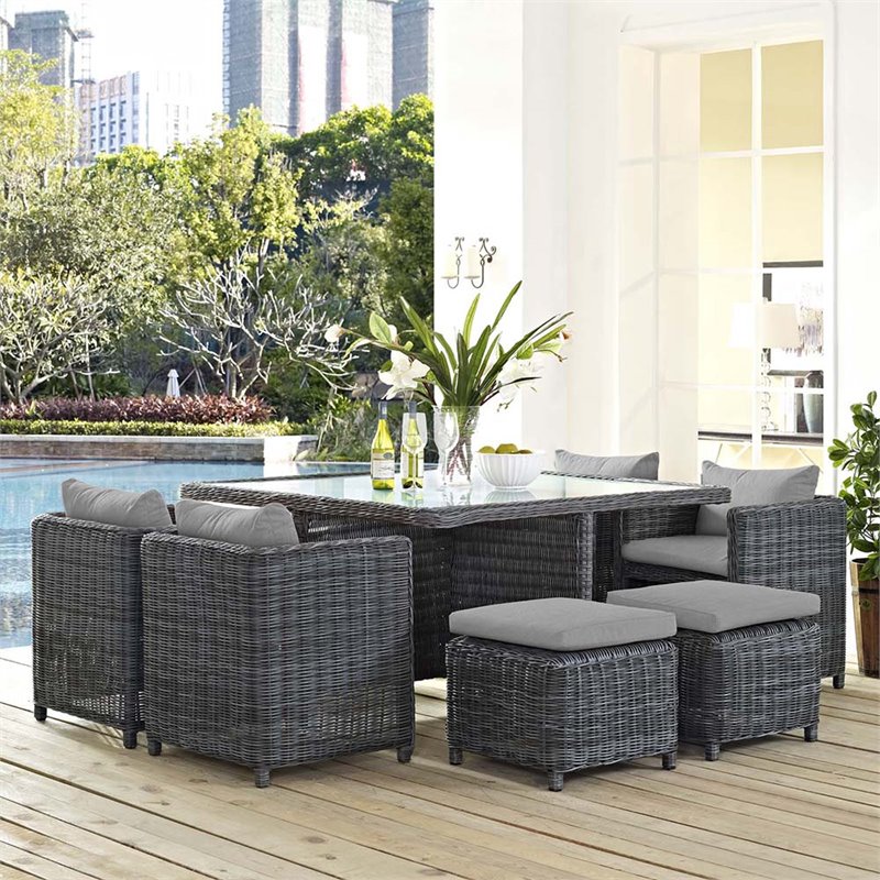 Modway Summon 9-Piece Aluminum and Rattan Patio Dining Set in Canvas/Gray