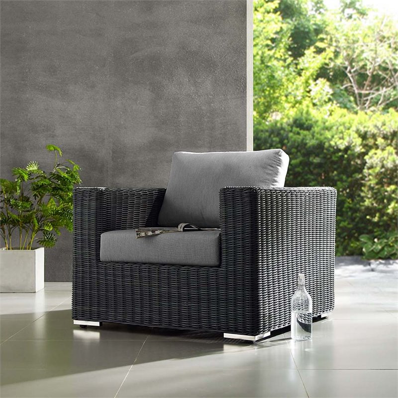 Modway Summon Aluminum Fabric and Rattan Patio Armchair in Canvas/Gray