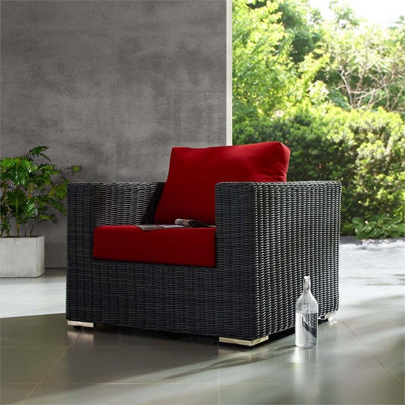 Modway Summon Aluminum Fabric and Rattan Patio Armchair in Canvas/Red
